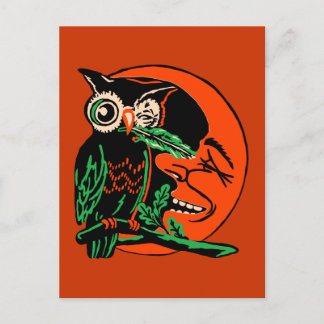 ヴィンテージハロウィンフクロウが月をくすぐる ポストカード
