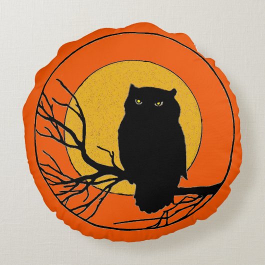 ヴィンテージハロウィンフクロウと収穫月 ラウンドクッション (裏面)
