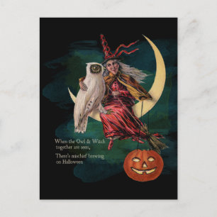 ヴィンテージハロウィンフクロウと魔女はがき ポストカード