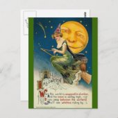 ヴィンテージハロウィンムーンフクロウのブロムスティック ポストカード (正面/裏面)