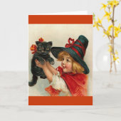 ヴィンテージハロウィン小魔女保持黒猫 カード (黄色い花)