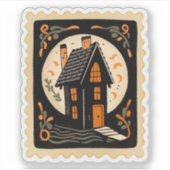 ヴィンテージハロウィン幽霊のよく出るハウス&フルムーンスタンプ シール (正面)