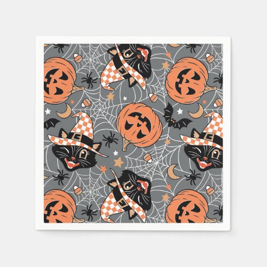 ヴィンテージハロウィン猫とカボチャ柄 スタンダードカクテルナプキン (正面)