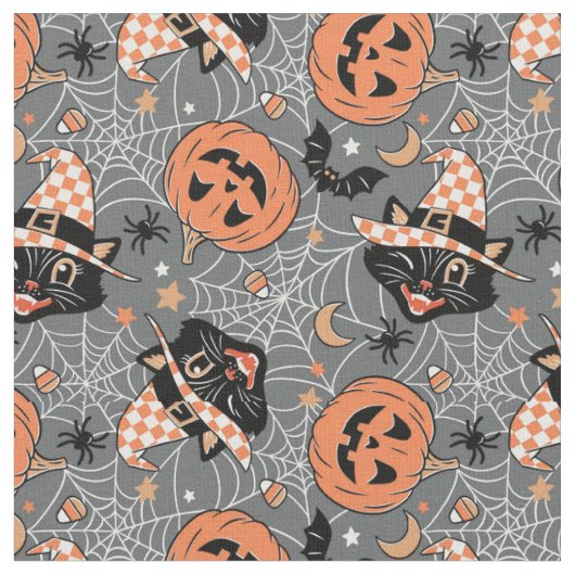 ヴィンテージハロウィン猫とカボチャ柄 ファブリック (クローズアップ)