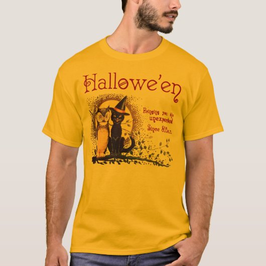 ヴィンテージハロウィン猫とフクロウのメンズシャツ Tシャツ (正面)