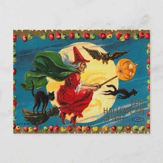ヴィンテージハロウィン飛んでいるウィッチ葉書 ポストカード (正面)