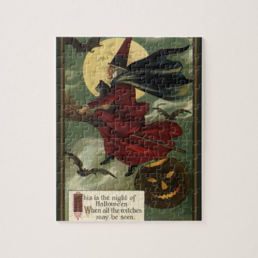 ヴィンテージハロウィン魔女と猫 ジグソーパズル (縦)