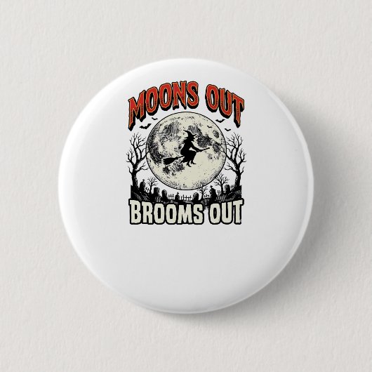 ヴィンテージハロウィン魔女デザイン MOONS OUT BROOMS OUT 缶バッジ (正面)