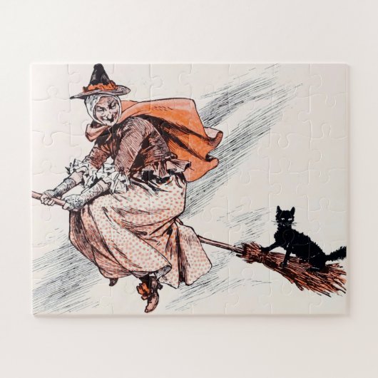 ヴィンテージハロウィン魔女ネコ付き箒 ジグソーパズル (横)