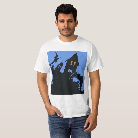 ヴィンテージハロウィン、怖い幽霊のよく出る家、魔女 Tシャツ (正面フル)