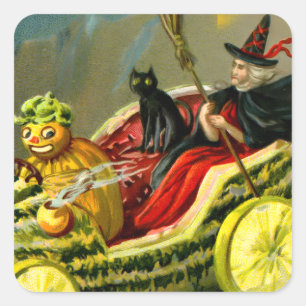 ヴィンテージハロウィン 黒猫と魔女 スクエアシール
