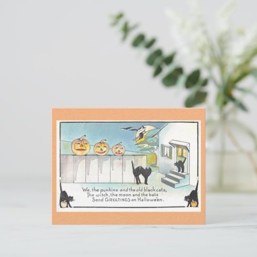 ヴィンテージハロウィーンあいさつ黒猫の魔女詩 ポストカード (スタンド正面)