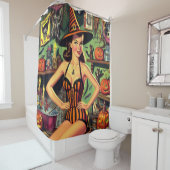 ヴィンテージハロウィーンかわいい魔女ピンナップ シャワーカーテン (インサイチュ)