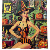 ヴィンテージハロウィーンかわいい魔女ピンナップ シャワーカーテン (正面)