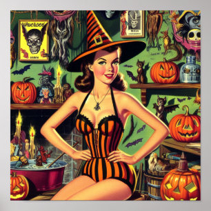 ヴィンテージハロウィーンかわいい魔女ピンナップ ポスター