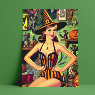 ヴィンテージハロウィーンかわいい魔女ピンナップ ポストカード