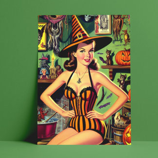 ヴィンテージハロウィーンかわいい魔女ピンナップ ポストカード