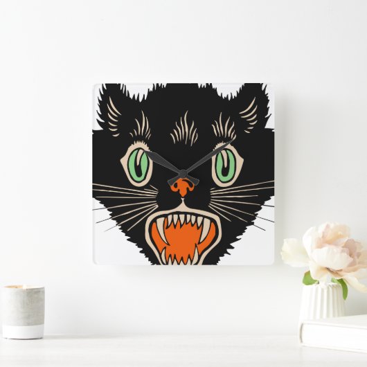 ヴィンテージハロウィーンに怯えた黒猫 スクエア壁時計 (ホーム)
