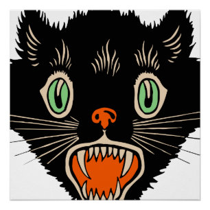 ヴィンテージハロウィーンに怯えた黒猫 ポスター
