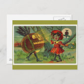 ヴィンテージハロウィーンのおびえた女の子フクロウカンプキンカード ポストカード (正面/裏面)