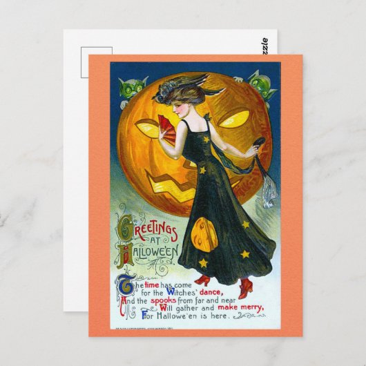 ヴィンテージハロウィーンのグリーティングウィッチカボチャの詩 ポストカード (正面/裏面)