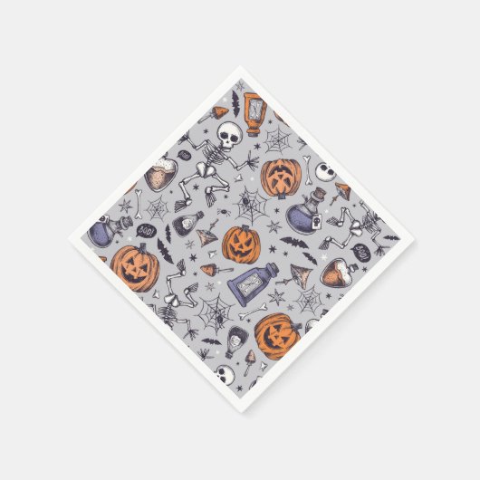 ヴィンテージハロウィーンのスケルトンとポションパターン スタンダードカクテルナプキン (角)