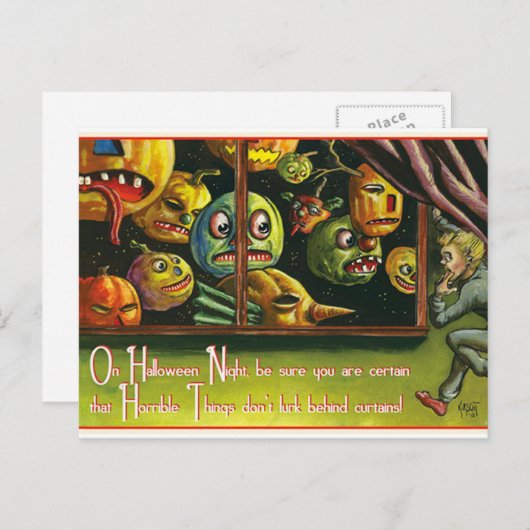 ヴィンテージハロウィーンの不気味なカボチャ シーズンポストカード (正面/裏面)