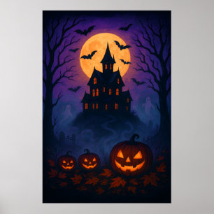 ヴィンテージハロウィーンの夜と満月とこうもり ポスター