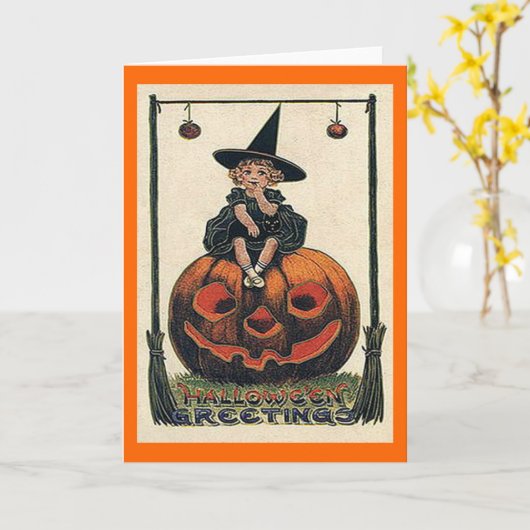 ヴィンテージハロウィーンの女の子の上のジャック・オランタン・カード カード (黄色い花)