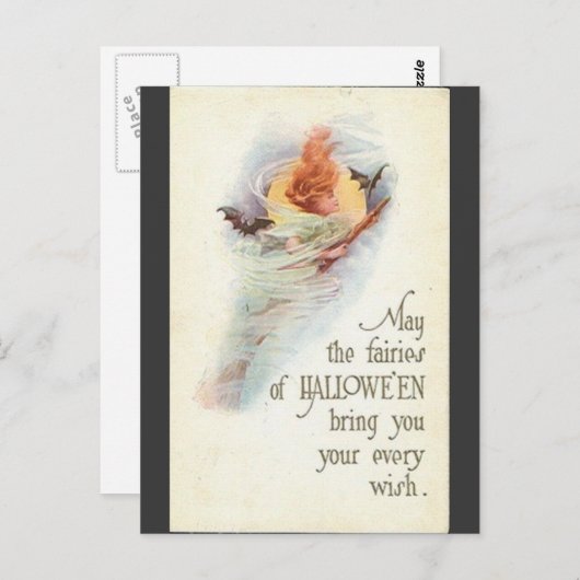 ヴィンテージハロウィーンの女性こうもりの友愛用カード ポストカード (正面/裏面)
