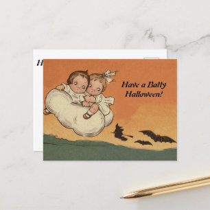 ヴィンテージハロウィーンの子ども飛んでいるこうもり追いかけ シーズンポストカード