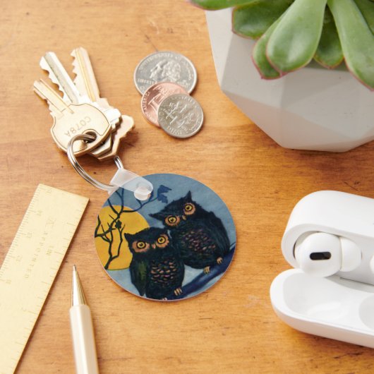 ヴィンテージハロウィーンの挨拶、月と木のフクロウ キーホルダー (デスク)