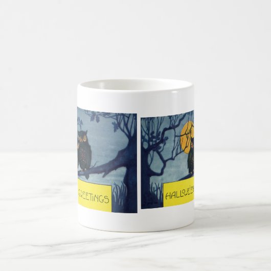 ヴィンテージハロウィーンの挨拶、月と木のフクロウ コーヒーマグカップ (中央)