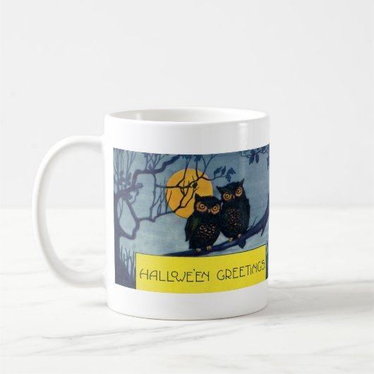 ヴィンテージハロウィーンの挨拶、月と木のフクロウ コーヒーマグカップ (左)