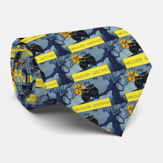 ヴィンテージハロウィーンの挨拶、月と木のフクロウ ネクタイ (ロール)