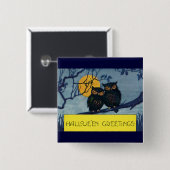 ヴィンテージハロウィーンの挨拶、月と木のフクロウ 缶バッジ (正面&裏面)