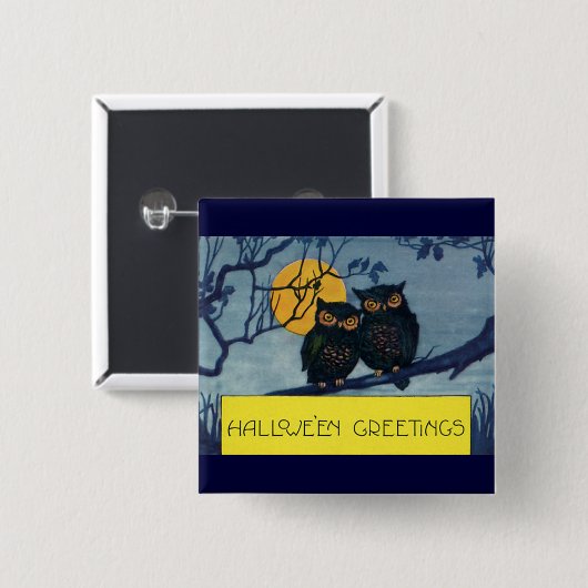 ヴィンテージハロウィーンの挨拶、月と木のフクロウ 缶バッジ (正面&裏面)
