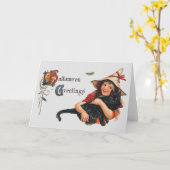 ヴィンテージハロウィーンの挨拶、猫と子の魔女 カード (黄色い花)