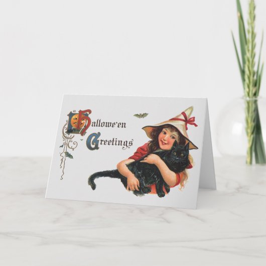 ヴィンテージハロウィーンの挨拶、猫と子の魔女 カード (正面)