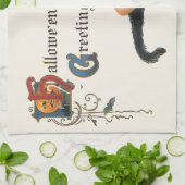 ヴィンテージハロウィーンの挨拶、猫と子の魔女 キッチンタオル (折り畳み)