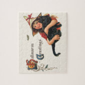 ヴィンテージハロウィーンの挨拶、猫と子の魔女 ジグソーパズル (縦)