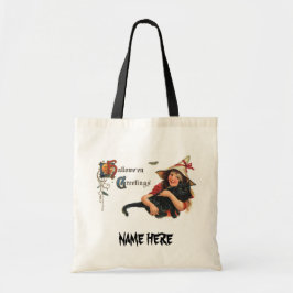 ヴィンテージハロウィーンの挨拶、猫と子の魔女 トートバッグ