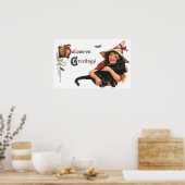 ヴィンテージハロウィーンの挨拶、猫と子の魔女 ポスター (キッチン)