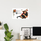 ヴィンテージハロウィーンの挨拶、猫と子の魔女 ポスター (ホームオフィス)