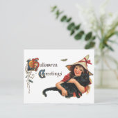 ヴィンテージハロウィーンの挨拶、猫と子の魔女 ポストカード (スタンド正面)