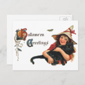 ヴィンテージハロウィーンの挨拶、猫と子の魔女 ポストカード (正面/裏面)