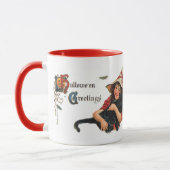 ヴィンテージハロウィーンの挨拶、猫と子の魔女 マグカップ (左)