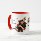 ヴィンテージハロウィーンの挨拶、猫と子の魔女 マグカップ (正面左)