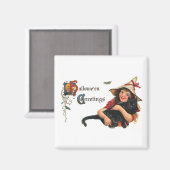 ヴィンテージハロウィーンの挨拶、猫と子の魔女 マグネット (正面/裏面)