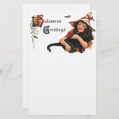 ヴィンテージハロウィーンの挨拶、猫と子の魔女 便箋 (正面/裏面)